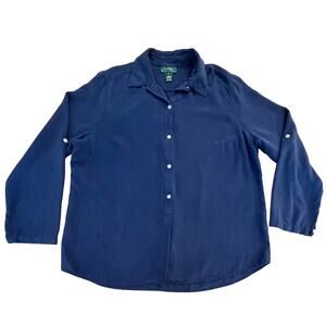 Lauren Ralph Lauren Blue Collared 3/4 Button Down Roll Tab Sleeve 100% Silk 1X